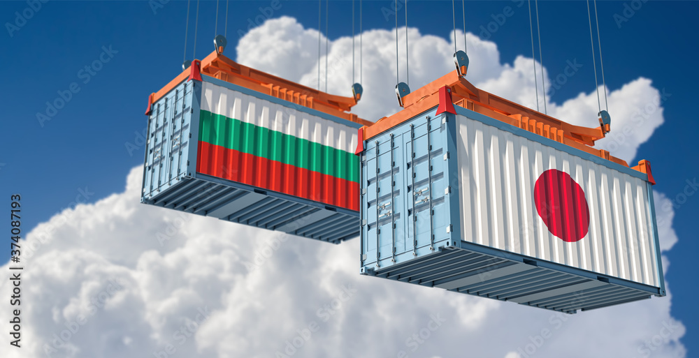 Freight containers with Bulgaria and Japan flag. 3D Rendering 