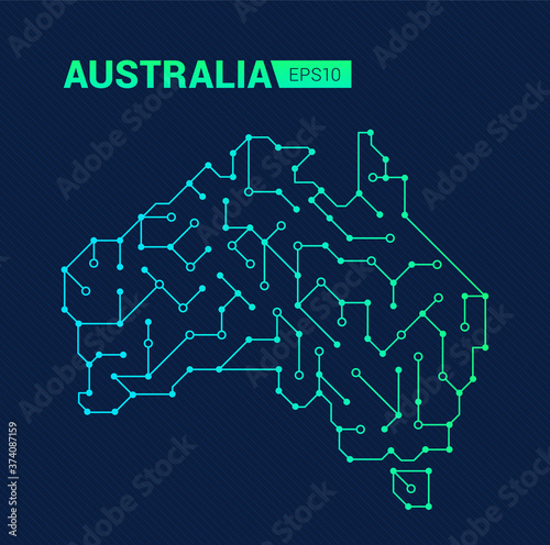 Abstract digital map of Australia. Electric circuit of the country. Technology background.