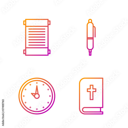 Set line Holy bible book, Clock, Decree, paper, parchment, scroll and Pen. Gradient color icons. Vector Illustration