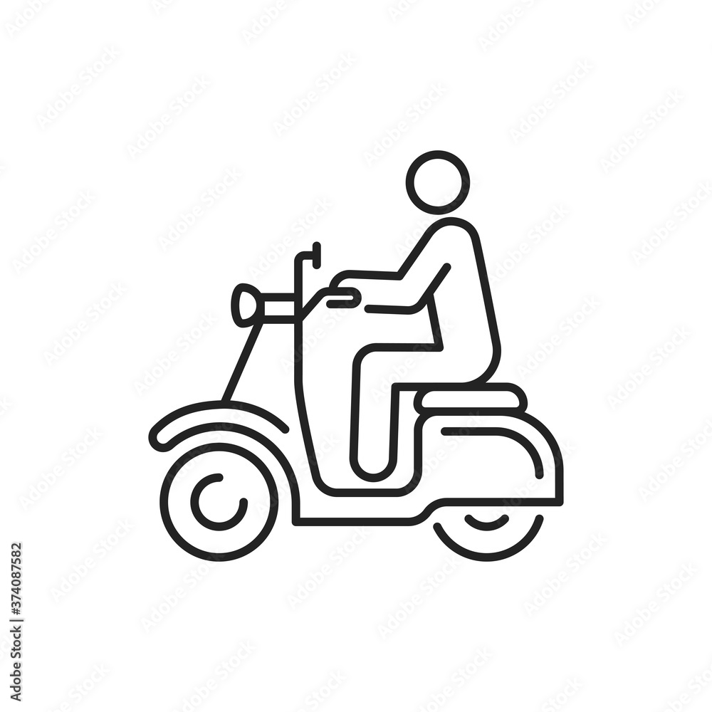 Person rides scooter black line icon. City transport rental. Pictogram for web, mobile app, promo. UI UX design element. Editable stroke