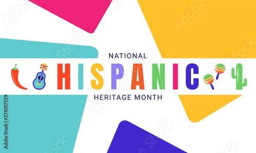 National Hispanic Heritage Month horizontal banner template decorated with the attributes of Latin American culture like chilli, cactus, guitar, maracas.