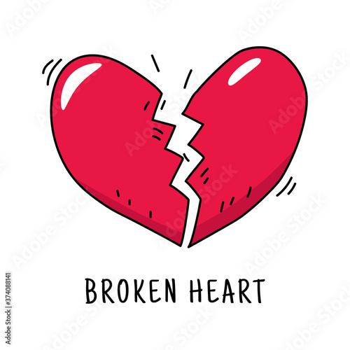 Broken heart cartoon illustration in cute hand drawn style isolated on white background 