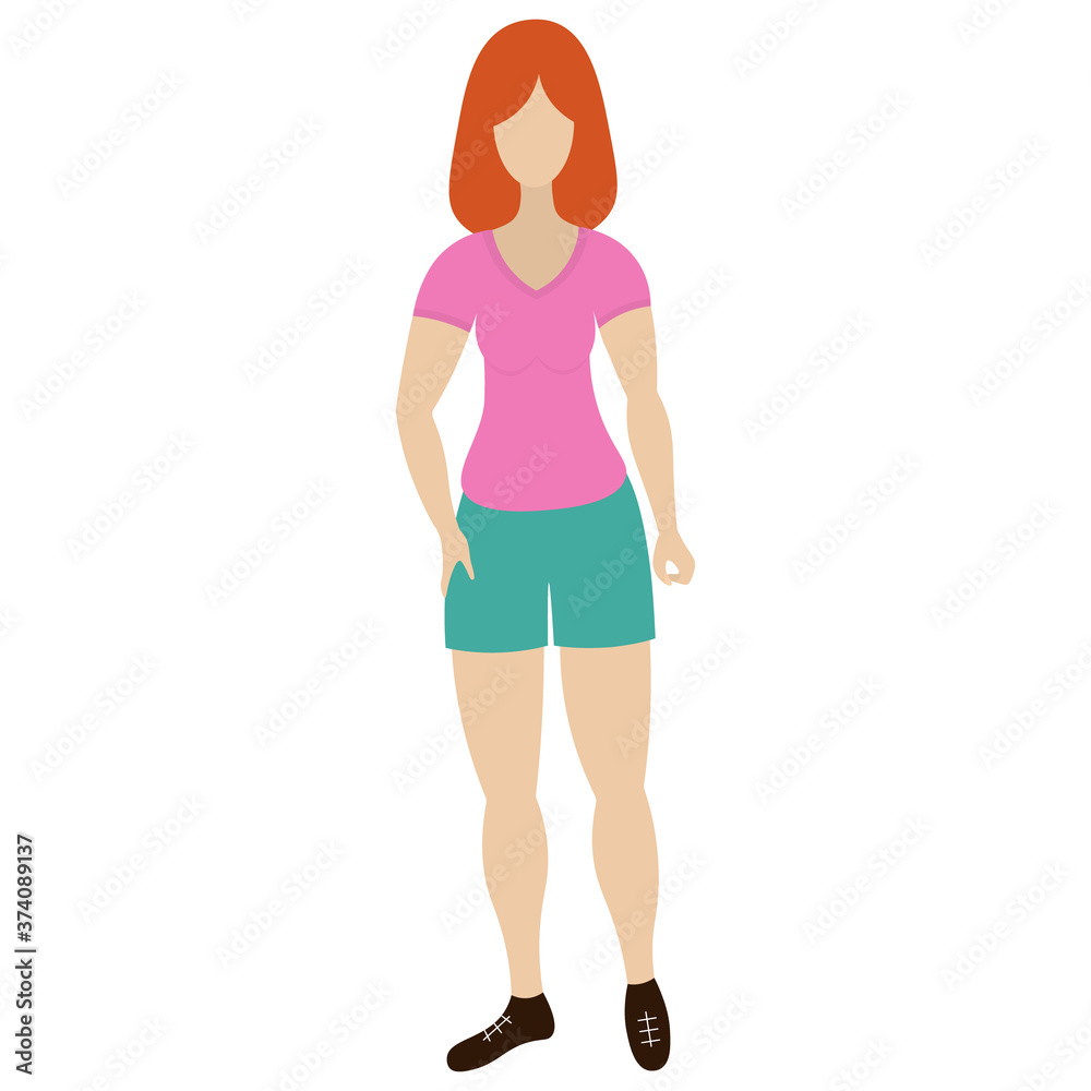 Redhead girls posing. The sportswear model leads a healthy lifestyle. Vector illustration. Isolated white background. Flat style. Young lady. Woman with stylish bob hairstyle. Anonymous person Redhead girls posing. The sportswear model leads a healthy lifestyle. Vector illustration. Isolated white background. Flat style. Young lady. Woman with stylish bob hairstyle. Anonymous person