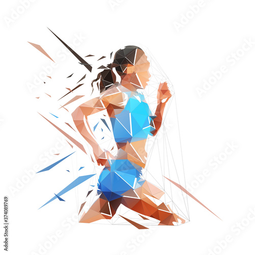 Running woman, low polygonal vector illustration. Run, geometric female athlete logo from triangles, side view