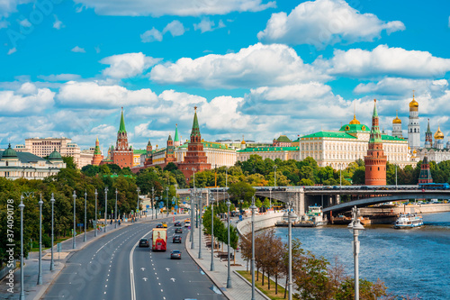 View of the city of Moscow from the Patriarchal bridge, panorama of Moscow, Russia