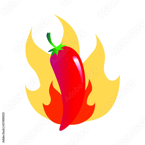 Flaming Red Hot Chili Pepper Isolated On fire White Background. Design for grocery, culinary, seasoning spice package recipe web site decoration, cooking book. Fire Chili logo symbol, food symbol icon