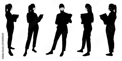 Vector concept conceptual  silhouette women working while social distancing as means of prevention and protection against coronavirus contamination. A metaphor for the new normal.