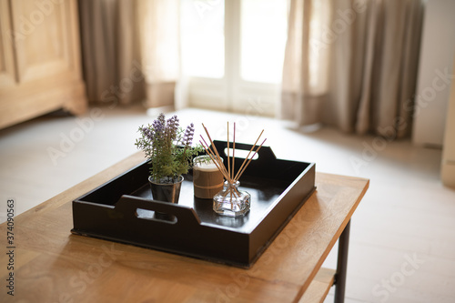 decorative items on a coffee table inside a naturally lit room