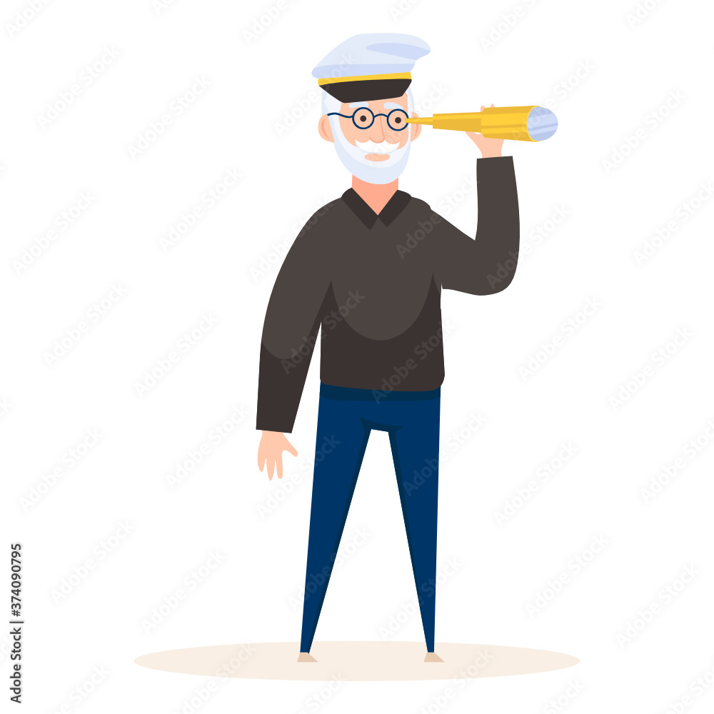 
Man holding binoculars, yacht captain vector pr sailer concept 
