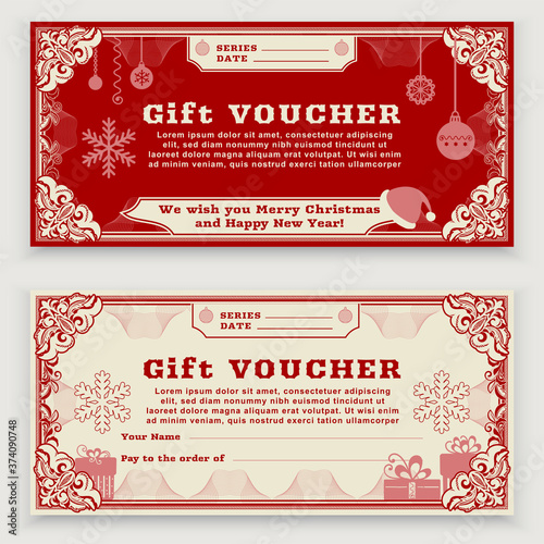 Christmas vintage Voucher template with floral border, snowflakes and christmas balls. Gift coupon