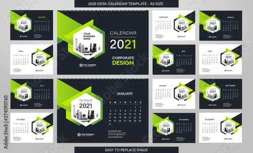 Desk Calendar 2021 template - 12 months included - A5 Size