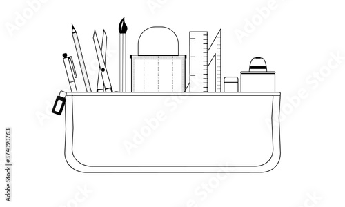 The pencil case with a lot of school equipment and medical mask. Back to school