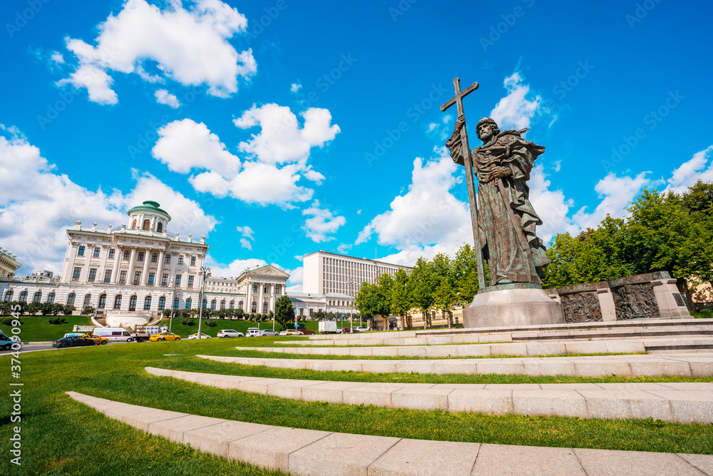 Panorama of the square where the monument to Prince Vladimir stands in front of red square in Moscow, Russia
