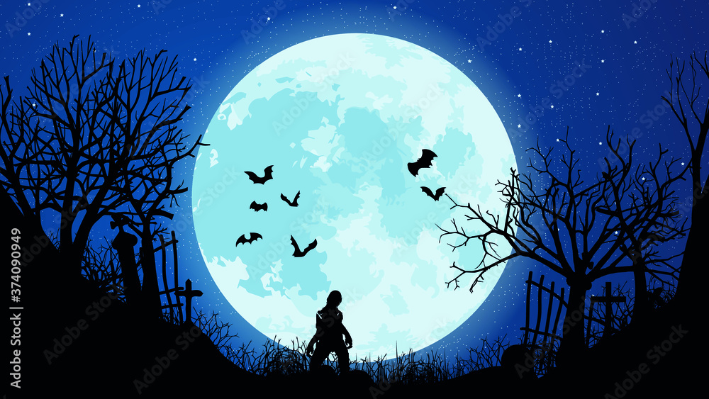 Zombie under the moon. The bats. Night. Vector, EPS 10