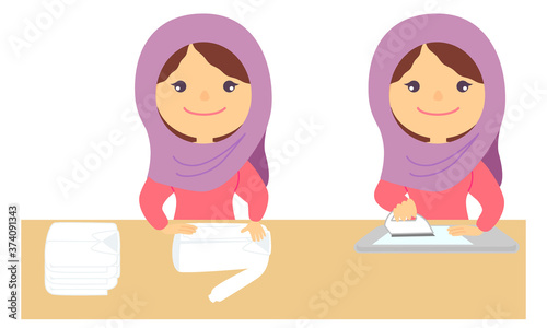 アイロン、洗濯物を畳む（アラブ人）／Iron, fold laundry (Arab)