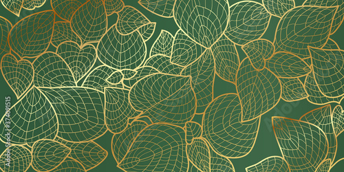 Golden leaf green botanical modern art deco wallpaper background vector. Line arts background design for interior design, vector arts, fashion textile patterns, textures, posters, wrappers, etc.