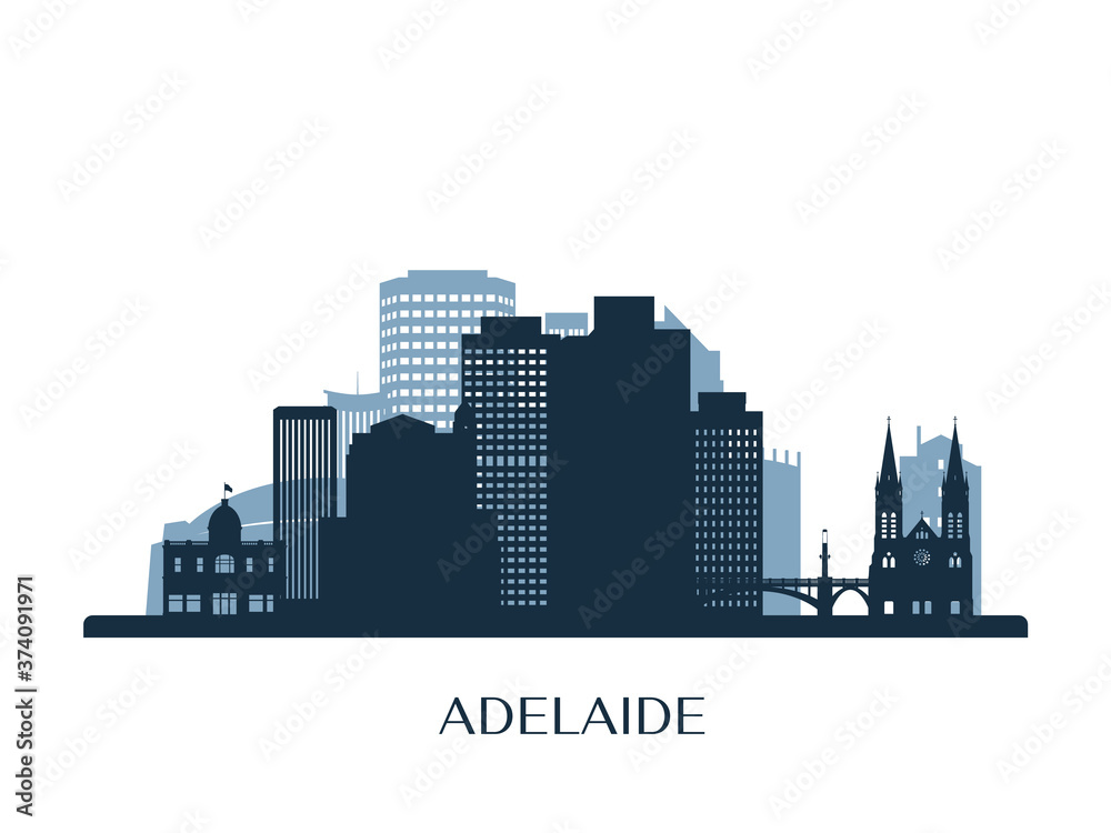 Adelaide skyline, monochrome silhouette. Vector illustration.