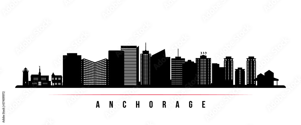 Anchorage skyline horizontal banner. Black and white silhouette of Anchorage City, Alaska. Vector template for your design.