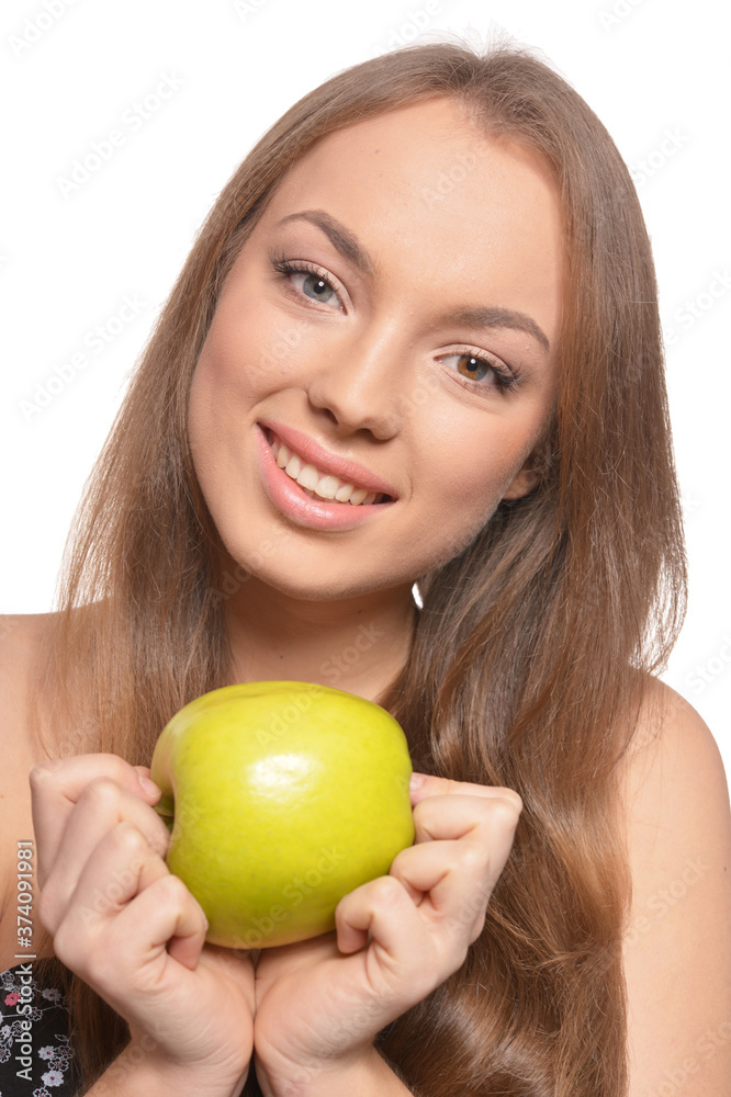 Close up portrait of beautiful young woman with green apple Close up portrait of beautiful young woman with green apple