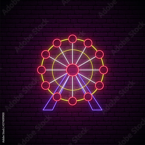 Neon Ferris wheel sign. Entertainment industry emblem in neon style. Glowing Ferris wheel icon on brick wall background. Vector illustration.