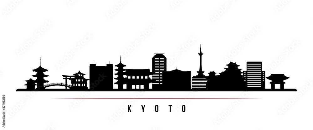 Kyoto skyline horizontal banner. Black and white silhouette of Kyoto City, Japan. Vector template for your design.