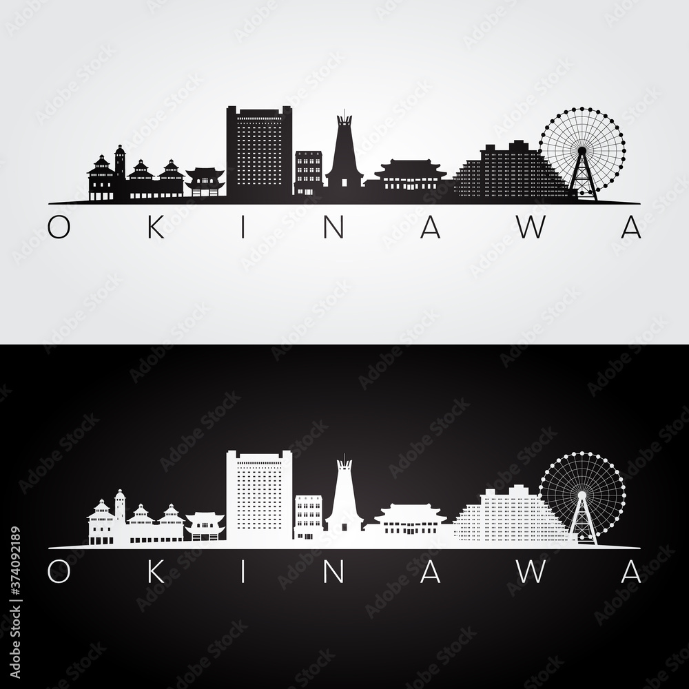 Okinawa, Japan skyline and landmarks silhouette, black and white design, vector illustration.