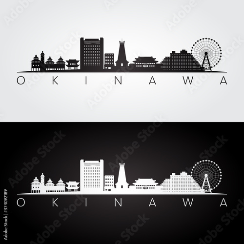 Okinawa, Japan skyline and landmarks silhouette, black and white design, vector illustration.
