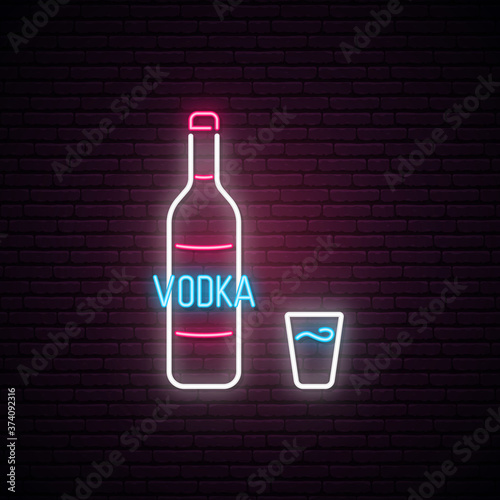 Vodka neon sign. Bright light signboard with Vodka bottle and shot. Neon alkohol emblem. Vector illustration.