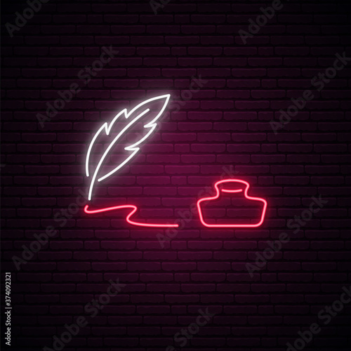 Worl poetry day neon signboard. Glowing feather and ink icons on brick wall background. Vector illustration.