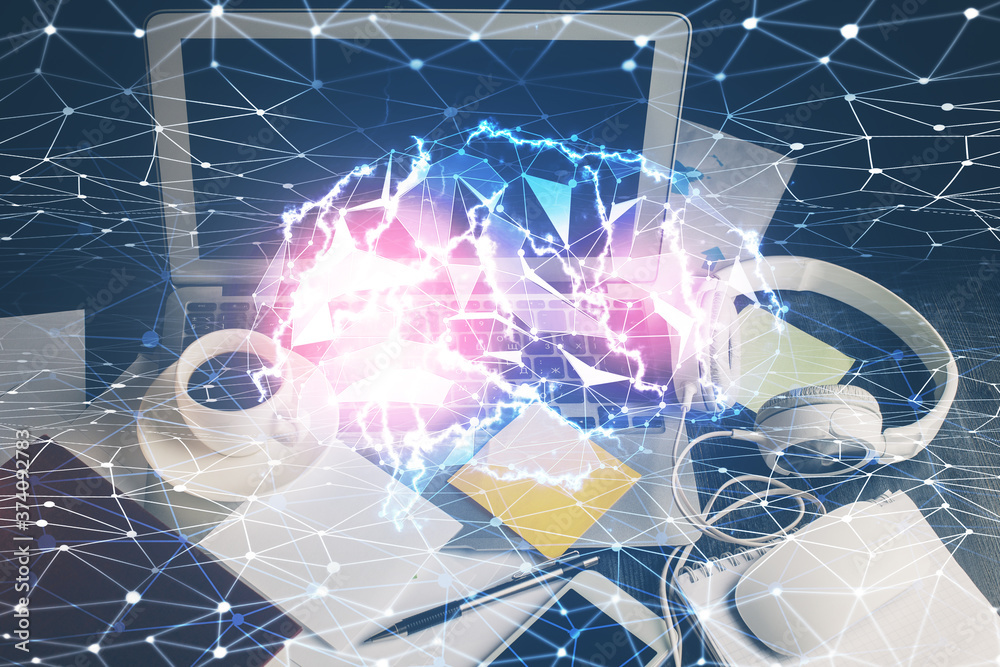 Double exposure of desktop computer and human brain drawing hologram. Ai concept. Double exposure of desktop computer and human brain drawing hologram. Ai concept.