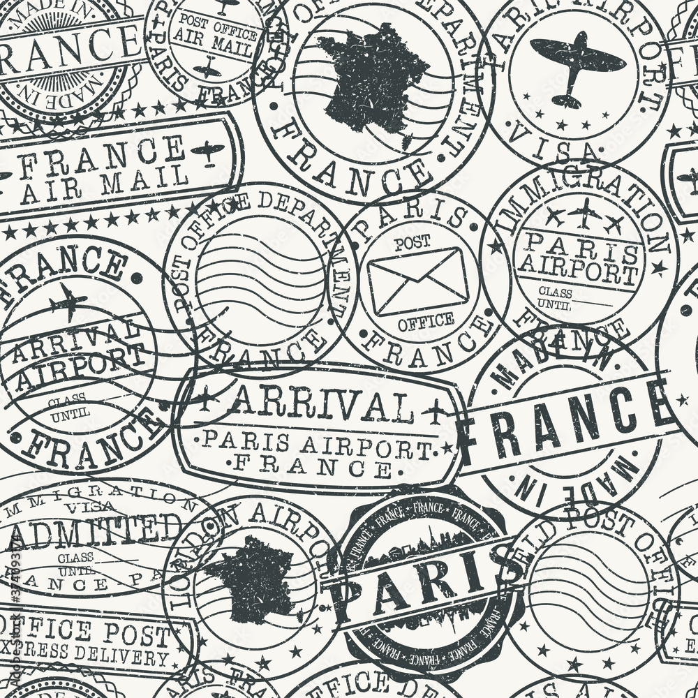 Paris France Stamp Vector Art Postal Passport Travel Design Set Pattern Wrap Tile.