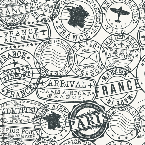 Paris France Stamp Vector Art Postal Passport Travel Design Set Pattern Wrap Tile. © josepperianes