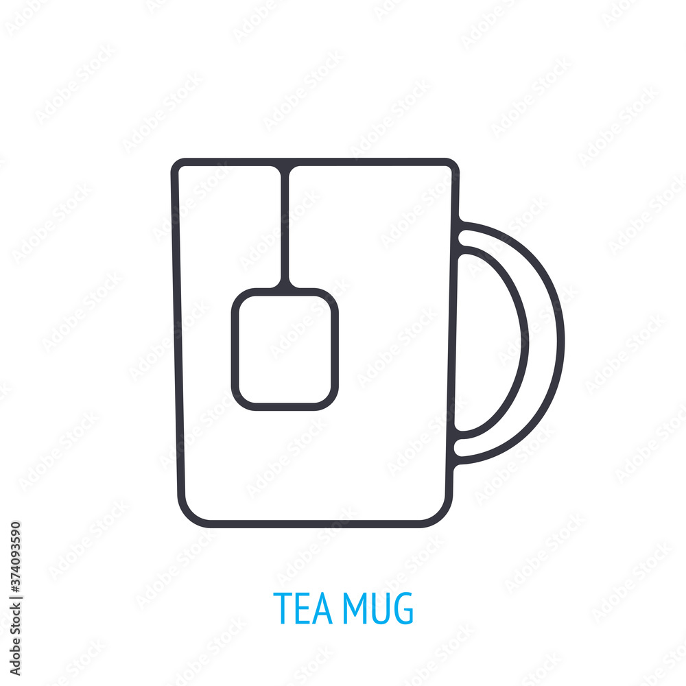 Tea mug with tea bug. Outline icon. Vector illustration. Cup of hot tea. Business lunch with an invigorating drink. Thin line pictogram for user interface. Isolated white background Tea mug with tea bug. Outline icon. Vector illustration. Cup of hot tea. Business lunch with an invigorating drink. Thin line pictogram for user interface. Isolated white background