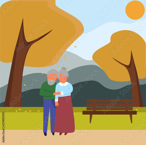 An elderly couple stands hand in hand in an autumn Park. Vector flat illustration  with a simple background