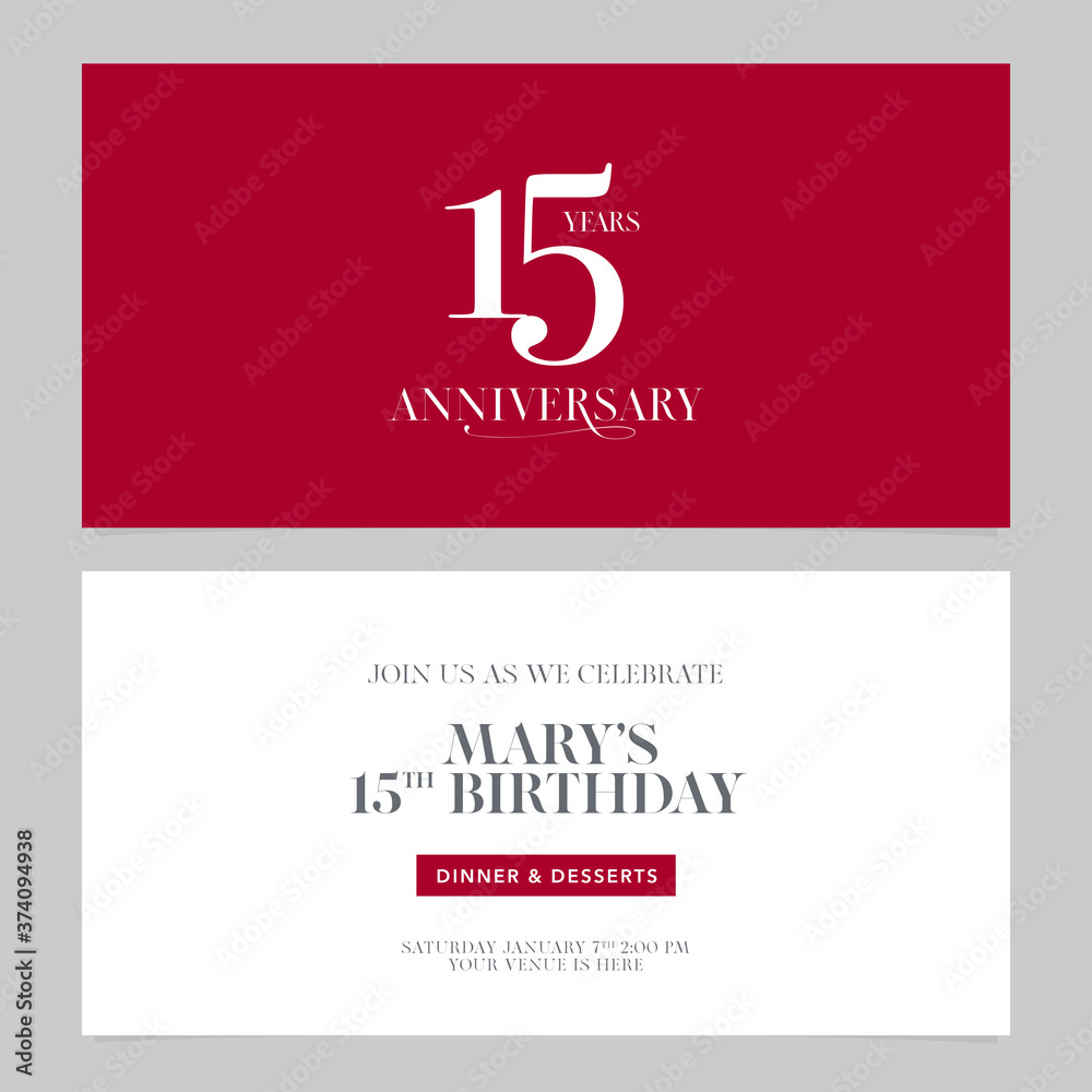 Fototapeta premium 15 years anniversary invitation vector illustration. Graphic design double-sided template