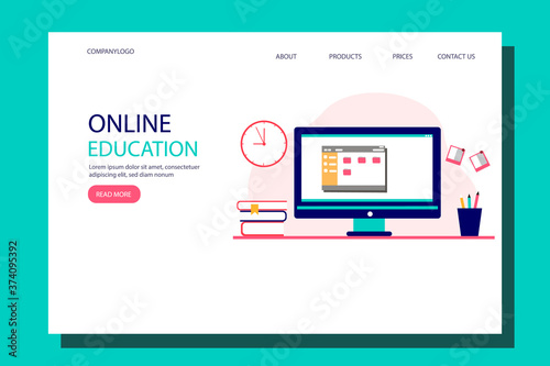 The concept of online education with a Desk, books, watches, pencils and pens. Landing page template, flat illustration.