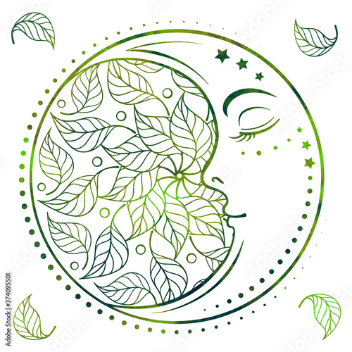 Cresent moon motif with a green leaves decoration. Colorful vector illustration.