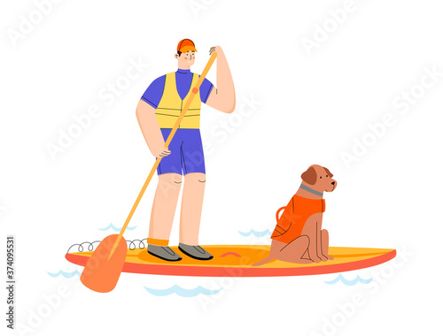 Adult man paddle sup boarding with a dog wearing life jackets. Inflatable or rigid surf board. Water fun summer holiday sports and activity on lake, river or sea. Isolated vector flat illustration.