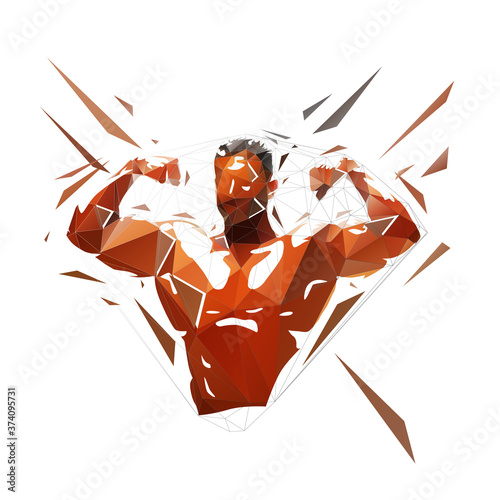 Bodybuilder low polygonal logo gym, abstract geometric isolated vector illustration from triangles. Man posing with big muscles