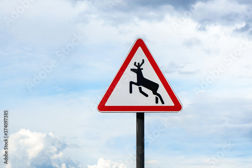 International traffic warning sign 'Wild animals' on cloudy sky background