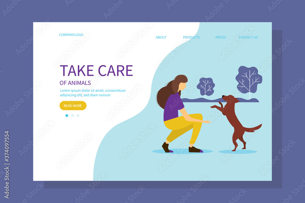 Woman playing with a dog. The concept care of animals, protection of animals. Cute illustration in flat style. Woman playing with a dog. The concept care of animals, protection of animals. Cute illustration in flat style.