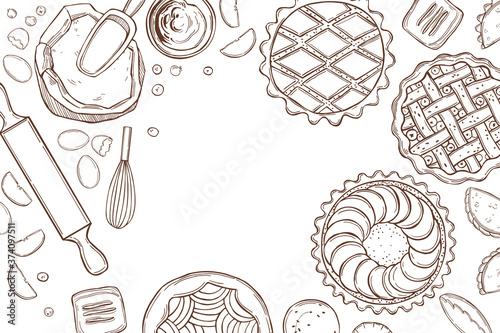 Hand drawn kitchenware  for baking pies. Vector background.