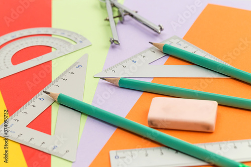 Student stationery such as pencils, erasers, rulers and compasses © dong