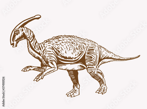 Vector vintage illustration of  Parasaurolophus  sepia  background