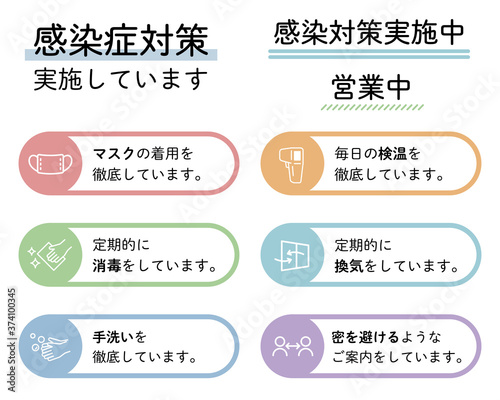 感染症対策の素材のセット／文字／お願い／営業中／コロナ対策／マスク／予防／消毒／店／ポスター