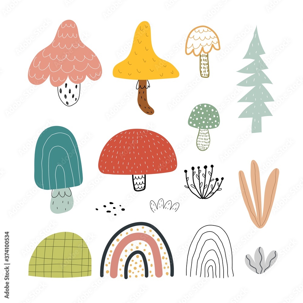 Cute cartoon set with mushrooms, spruce, rainbows, decor elements. vector illustration. colorful vector illustration, flat style. design for cards, posters, prints Cute cartoon set with mushrooms, spruce, rainbows, decor elements. vector illustration. colorful vector illustration, flat style. design for cards, posters, prints