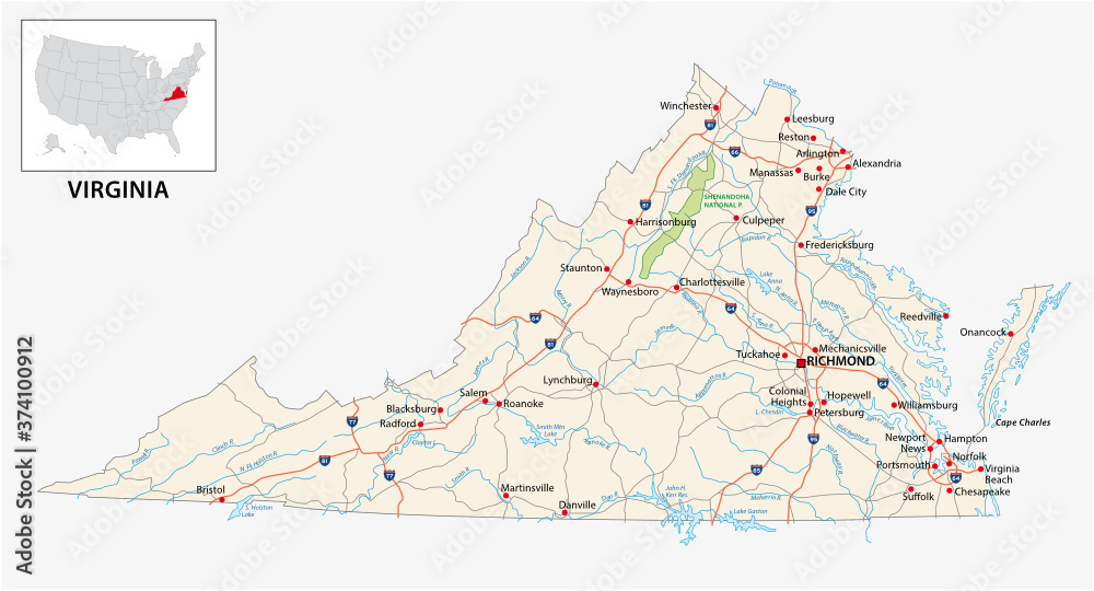 Fototapeta premium road map of the US American State of Virginia
