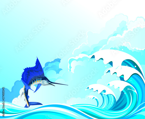 Blue marlin fish leaping out of the water over high ocean waves set against a cloudy blue sky
