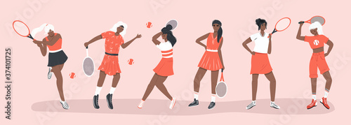 Set of cute tennis players. Women in sport clothes playing big tennis with tennis racket vector flat cartoon illustration.