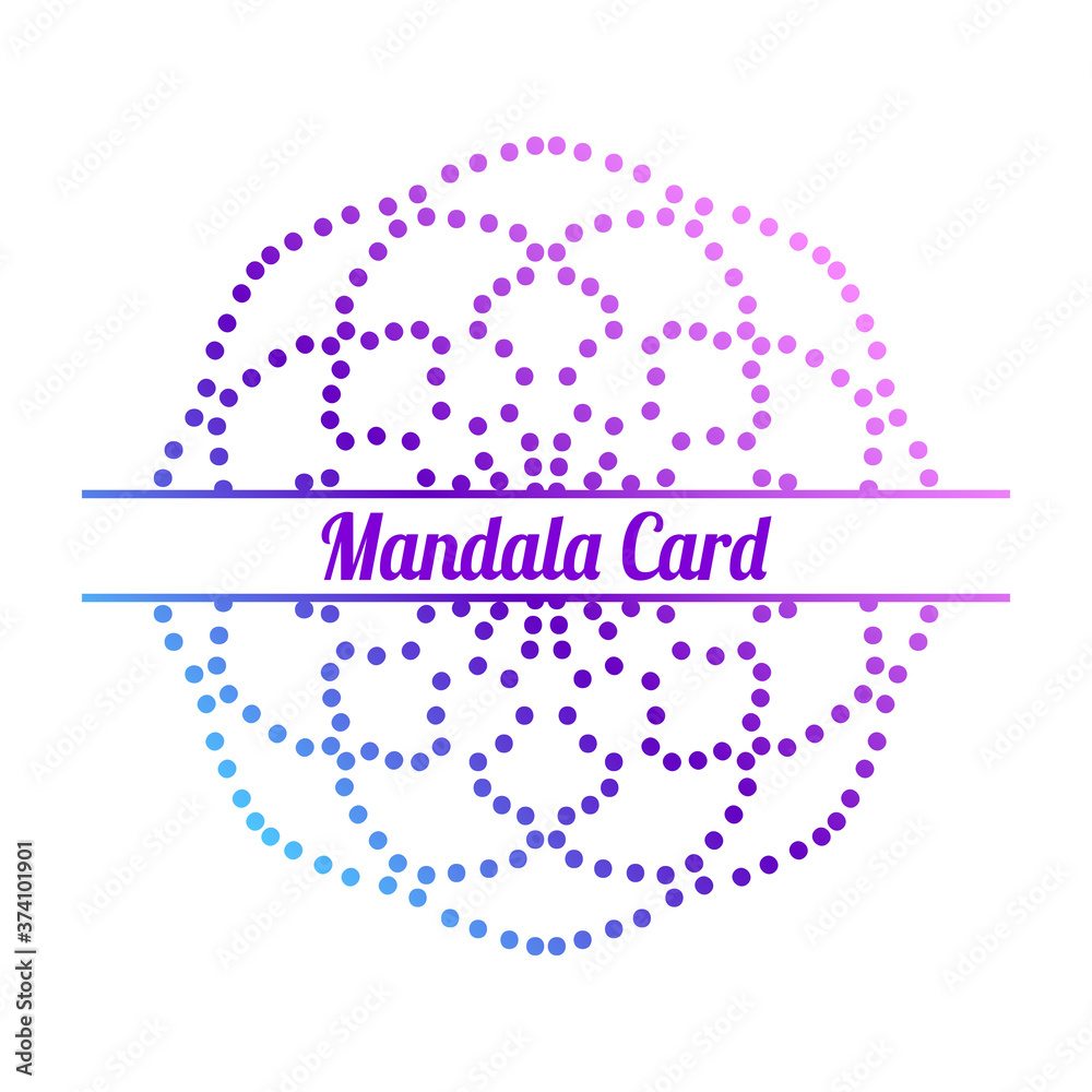 Obraz premium Colorful gradient dotted half of flower greeting card. Invitation template with halftone ornamental Mandala. Lotus floral postcard, poster, flyer. Vector illustration.